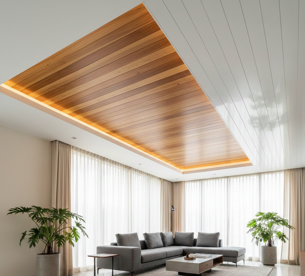 Desain plafon rumah minimalis modern kombinasi gypsum kayu dan PVC oleh ASA Group Indonesia