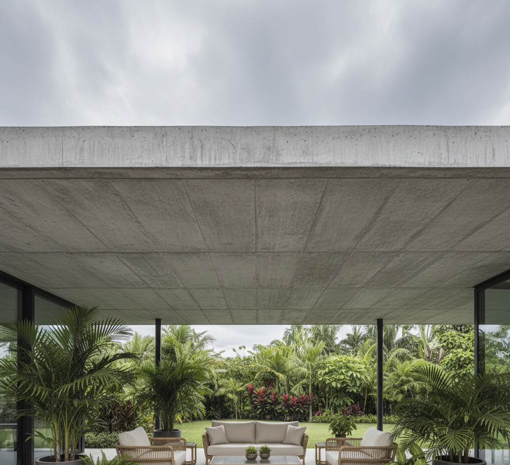 Plafon GRC tahan cuaca untuk teras outdoor rumah minimalis tropis