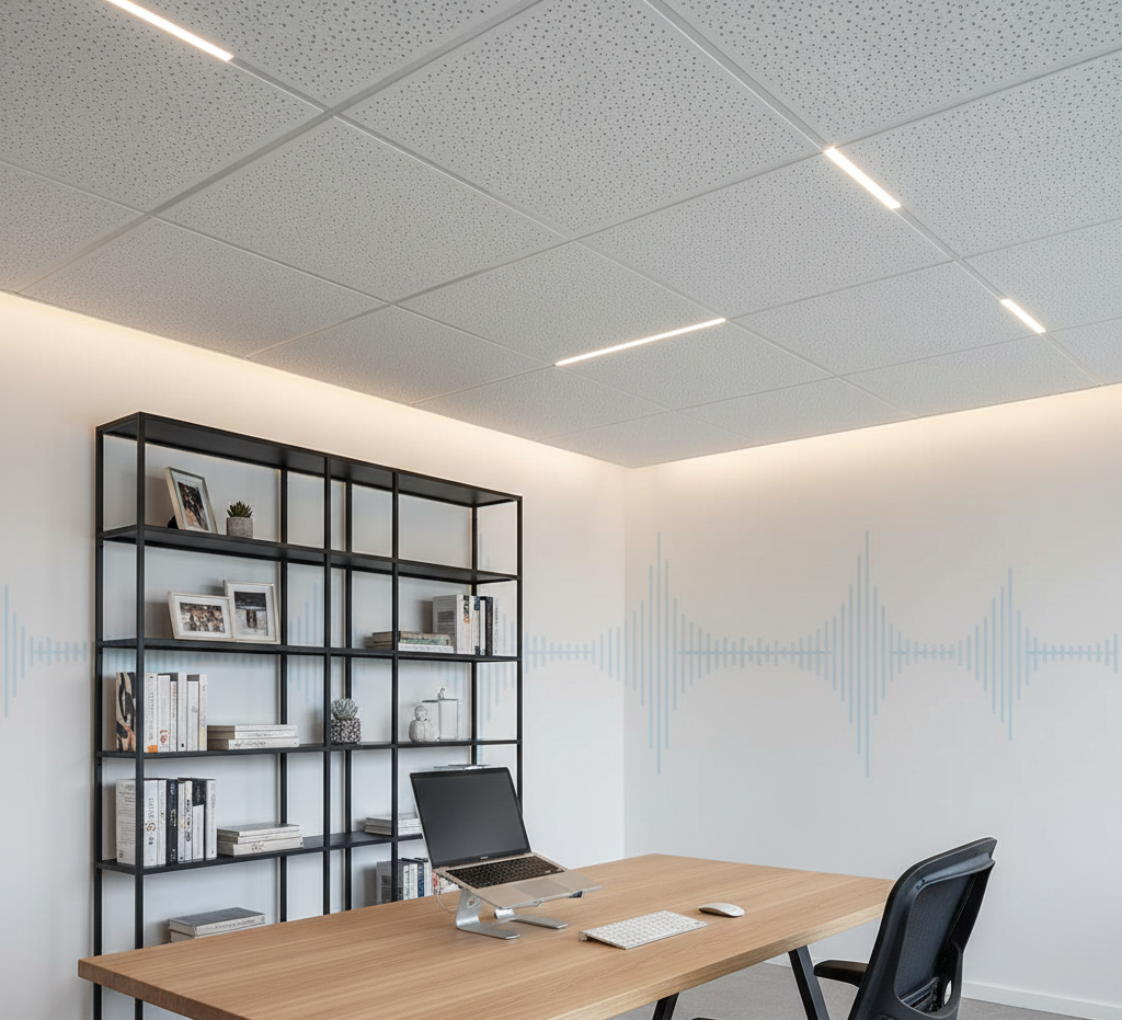 Plafon akustik grid untuk ruang kerja rumah yang tenang dan profesional