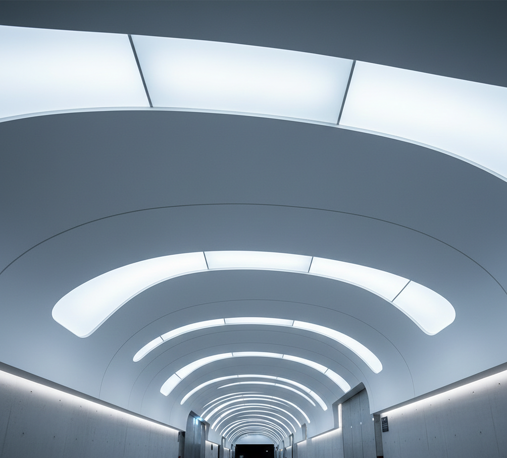 Plafon fiber fiberglass dengan lengkungan organik untuk desain modern futuristik