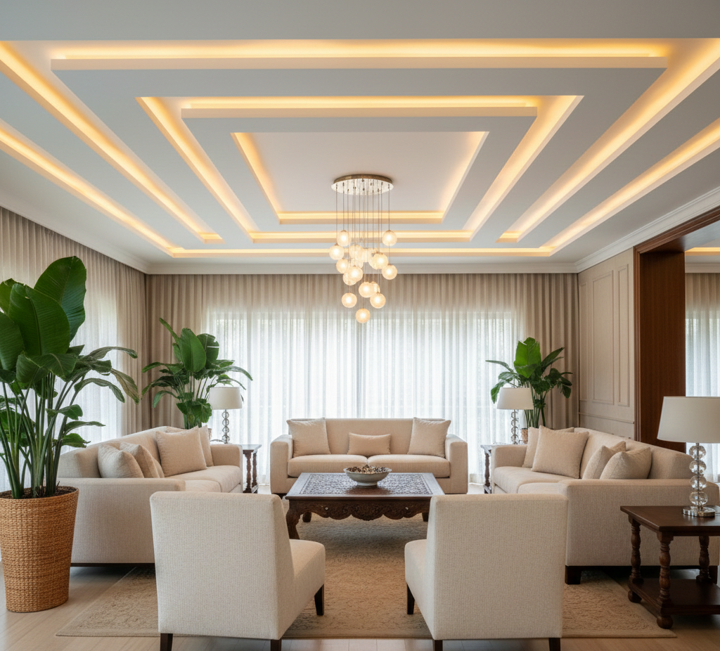 Plafon gypsum drop ceiling dengan lampu LED tersembunyi untuk ruang tamu mewah