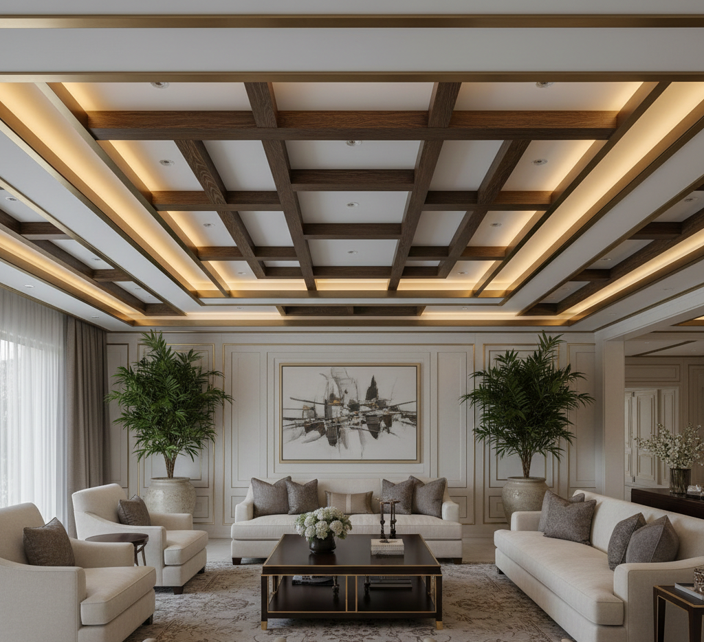 Plafon hybrid kombinasi gypsum kayu dan metal untuk ruang tamu statement mewah