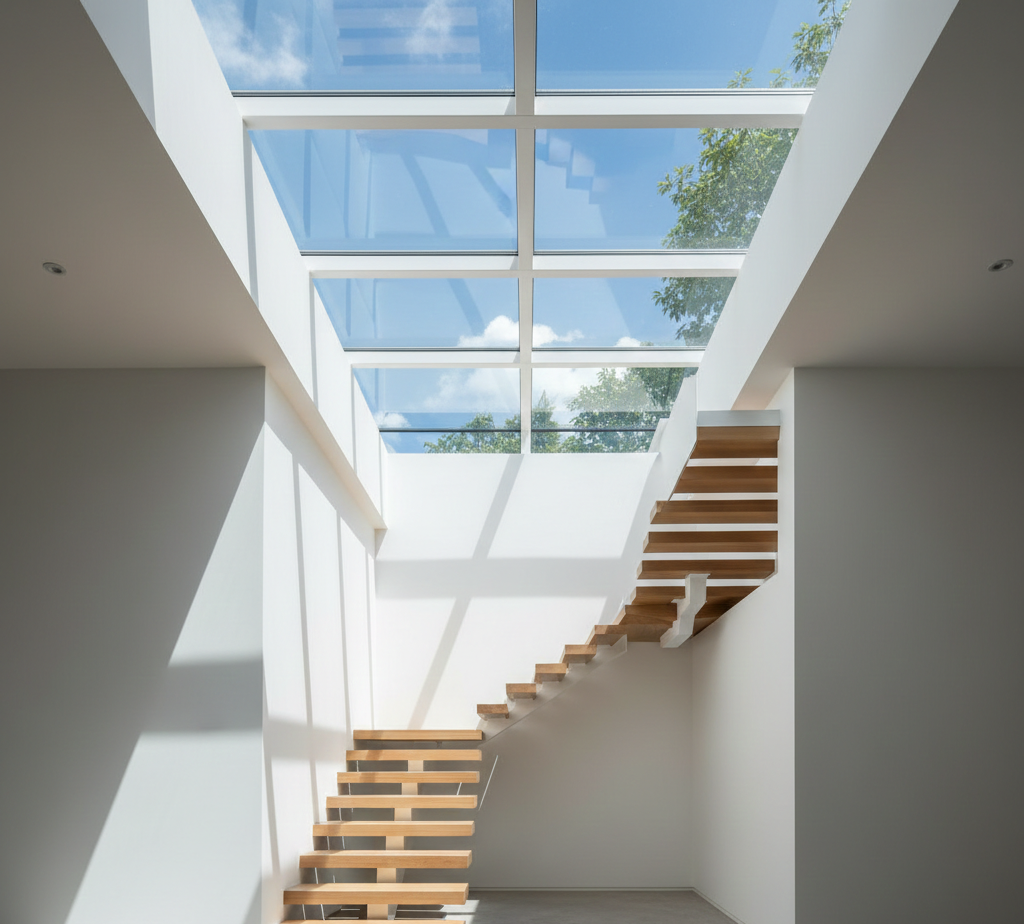 Plafon kaca skylight di void tangga untuk pencahayaan alami maksimal