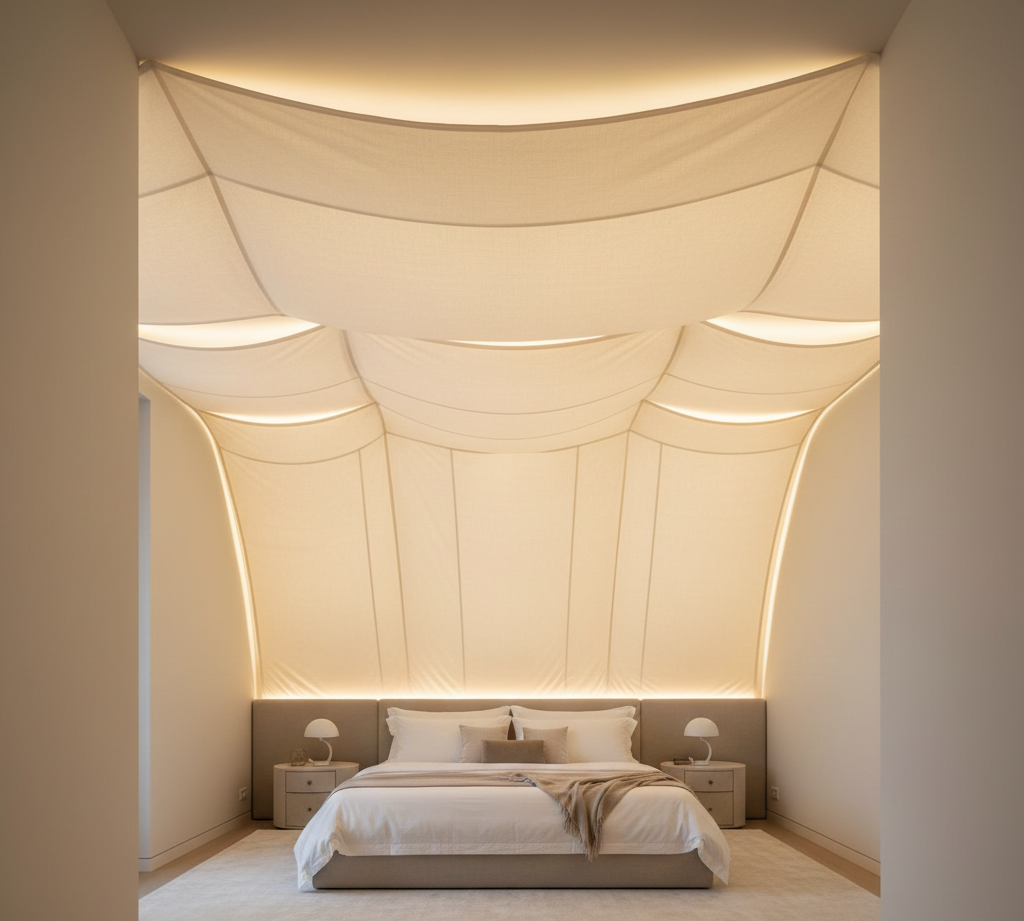 Plafon kain fabric ceiling untuk kamar tidur utama dengan nuansa lembut mewah