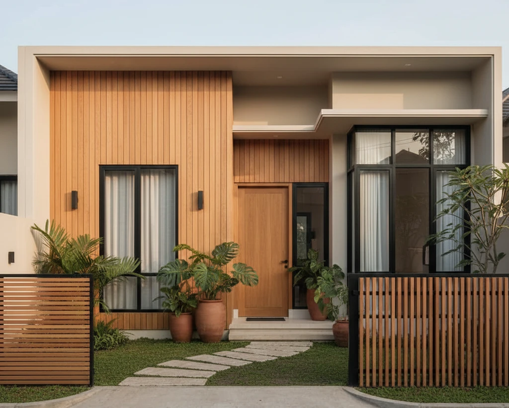 cat rumah minimalis tampak depan earth tone beige cream dengan aksen kayu