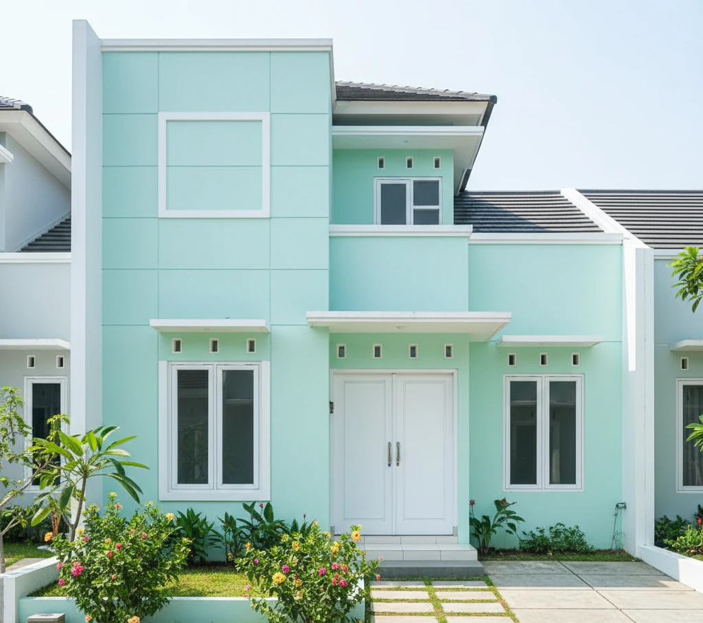 cat rumah minimalis tampak depan mint blue dan putih pastel ceria
