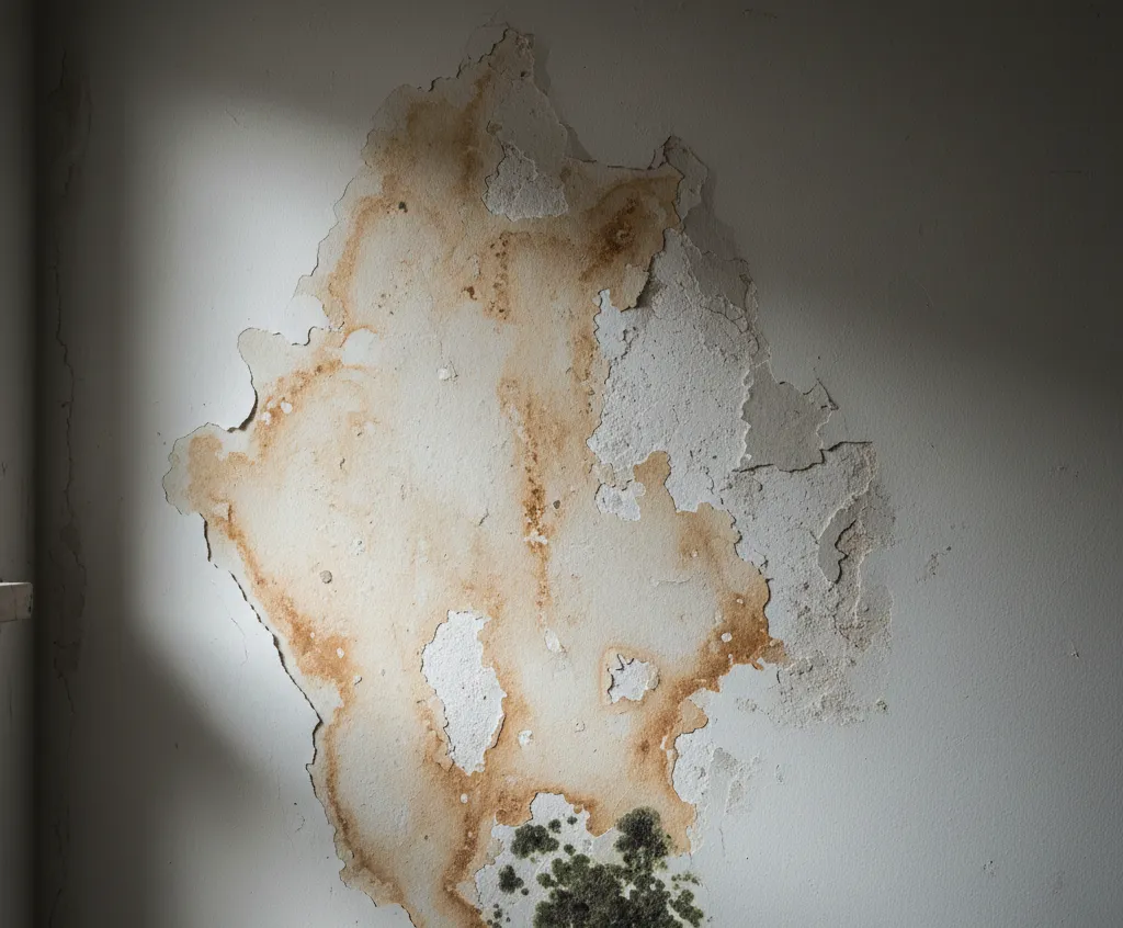 kekurangan dinding gypsum rusak akibat air dan lembap menimbulkan jamur