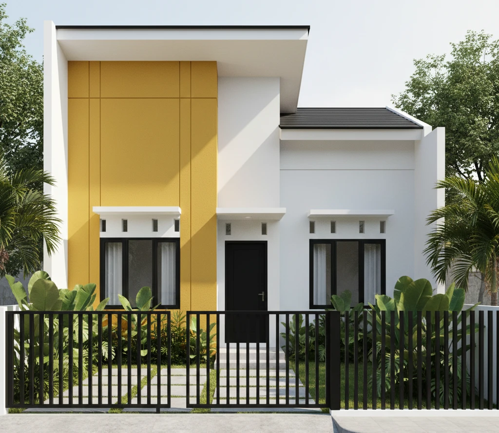 kombinasi 2 warna cat rumah minimalis kuning mustard dan aksen hitam tampak depan