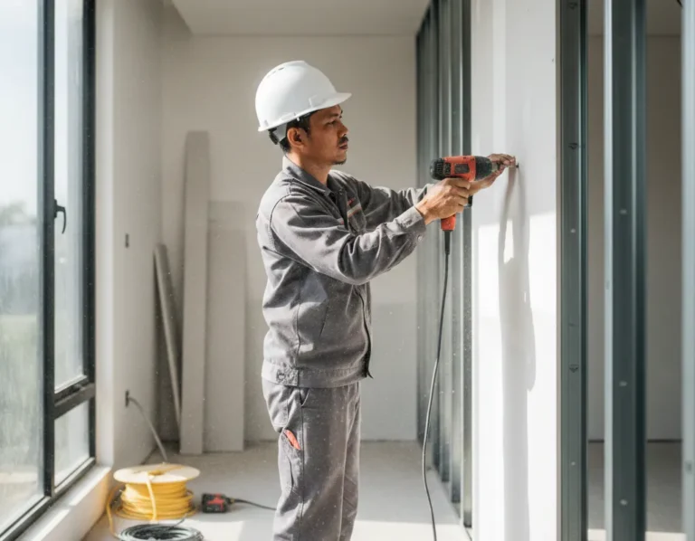pekerja memasang dinding gypsum pada rangka metal di rumah modern