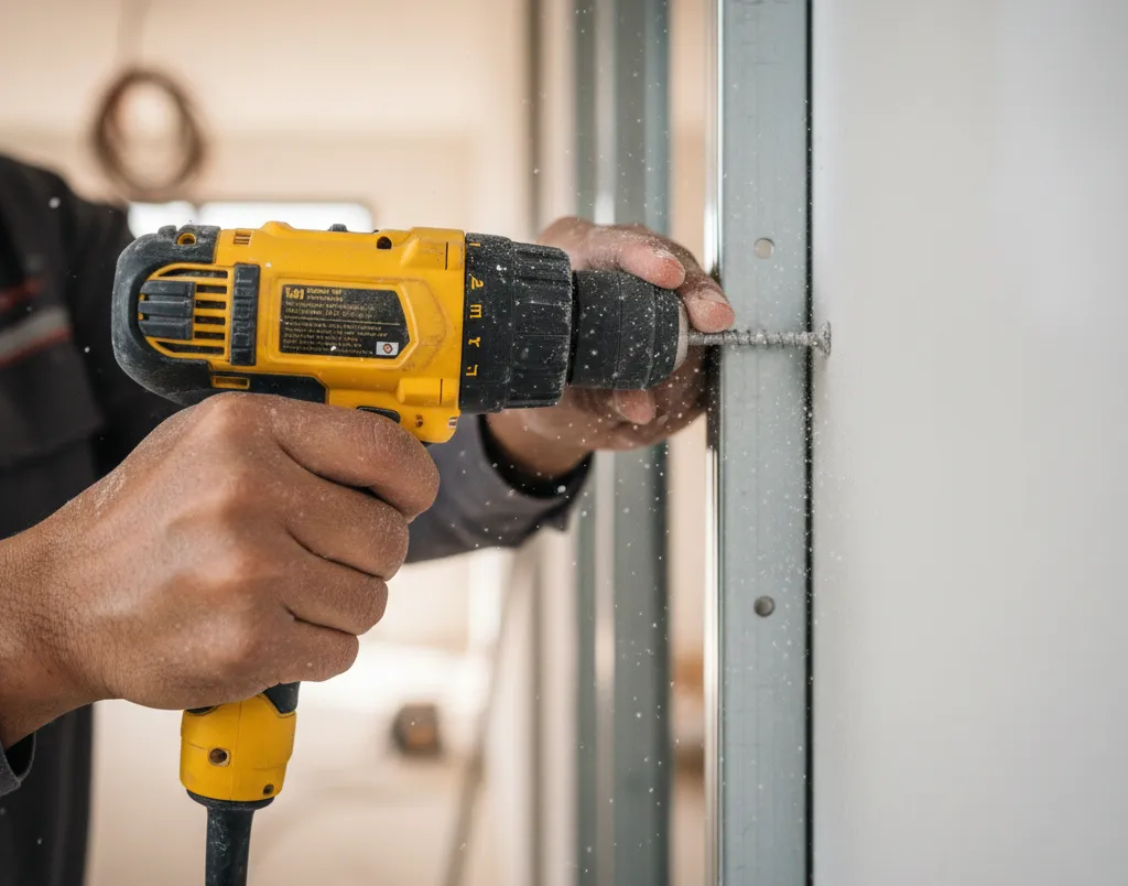 proses pemasangan papan gypsum menggunakan bor sekrup pada rangka besi hollow