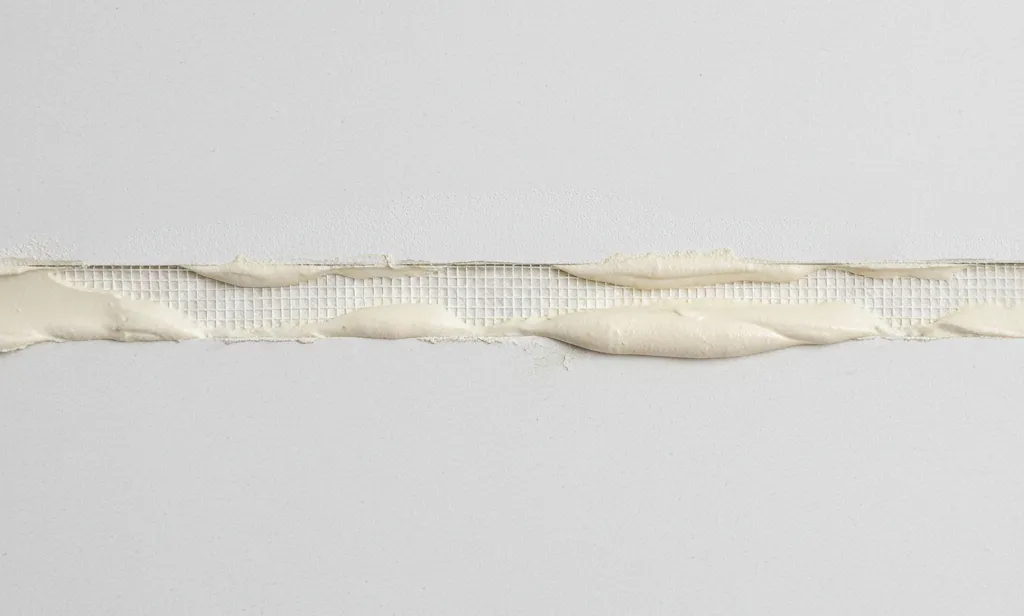 tekstur permukaan papan gypsum dengan kompon dan tape sambungan yang rapi