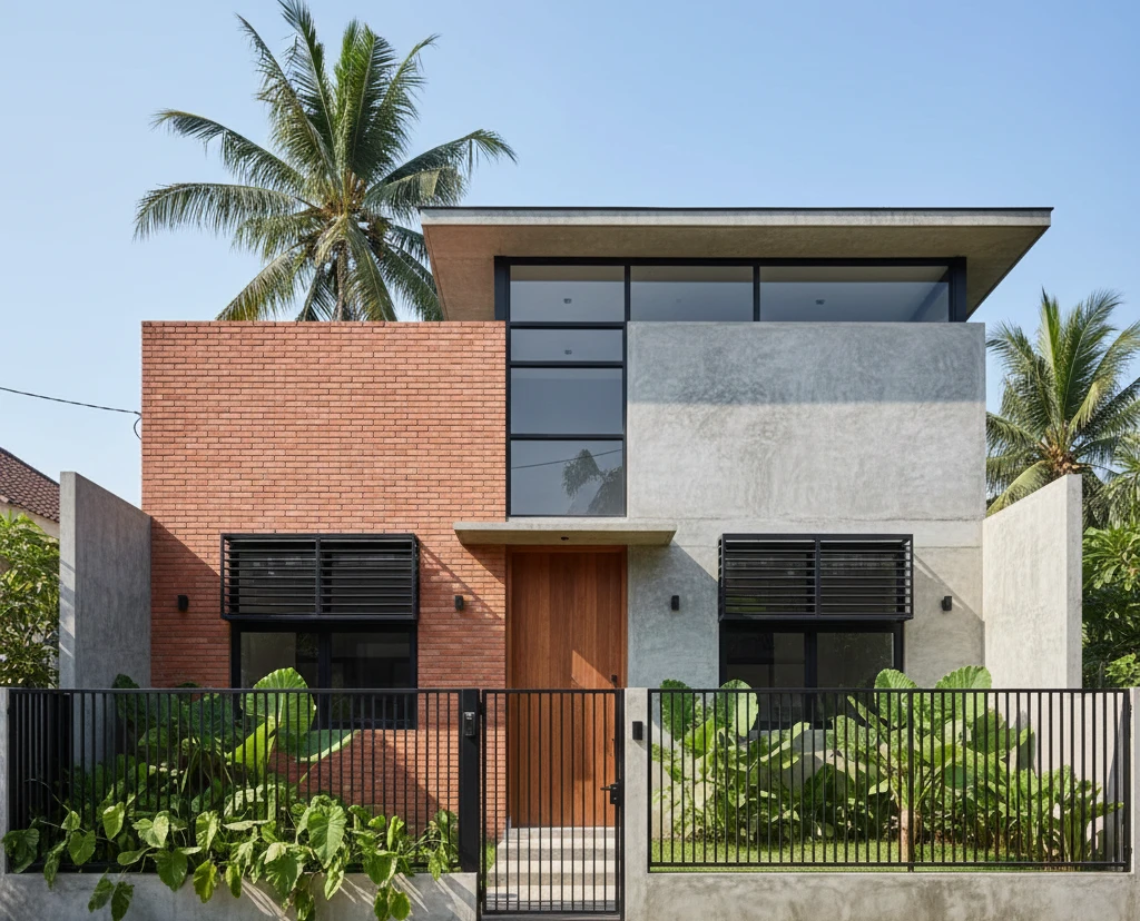 warna cat dinding luar rumah minimalis industrial terakota dan abu abu beton