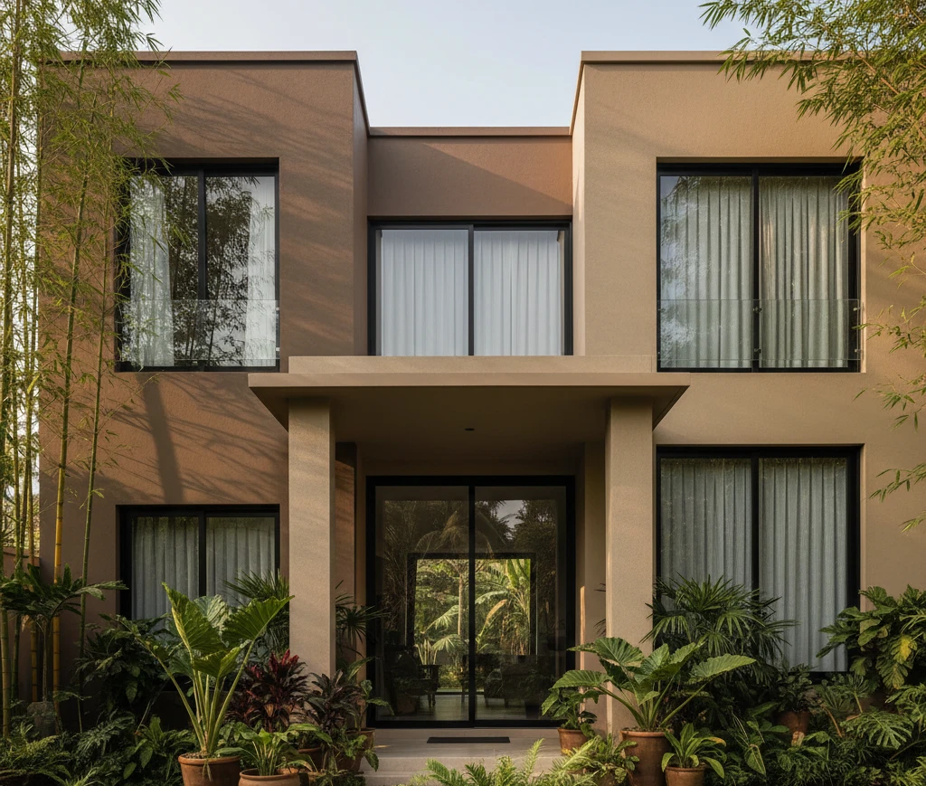 warna cat eksterior rumah minimalis modern mocha dan sand elegan monokrom