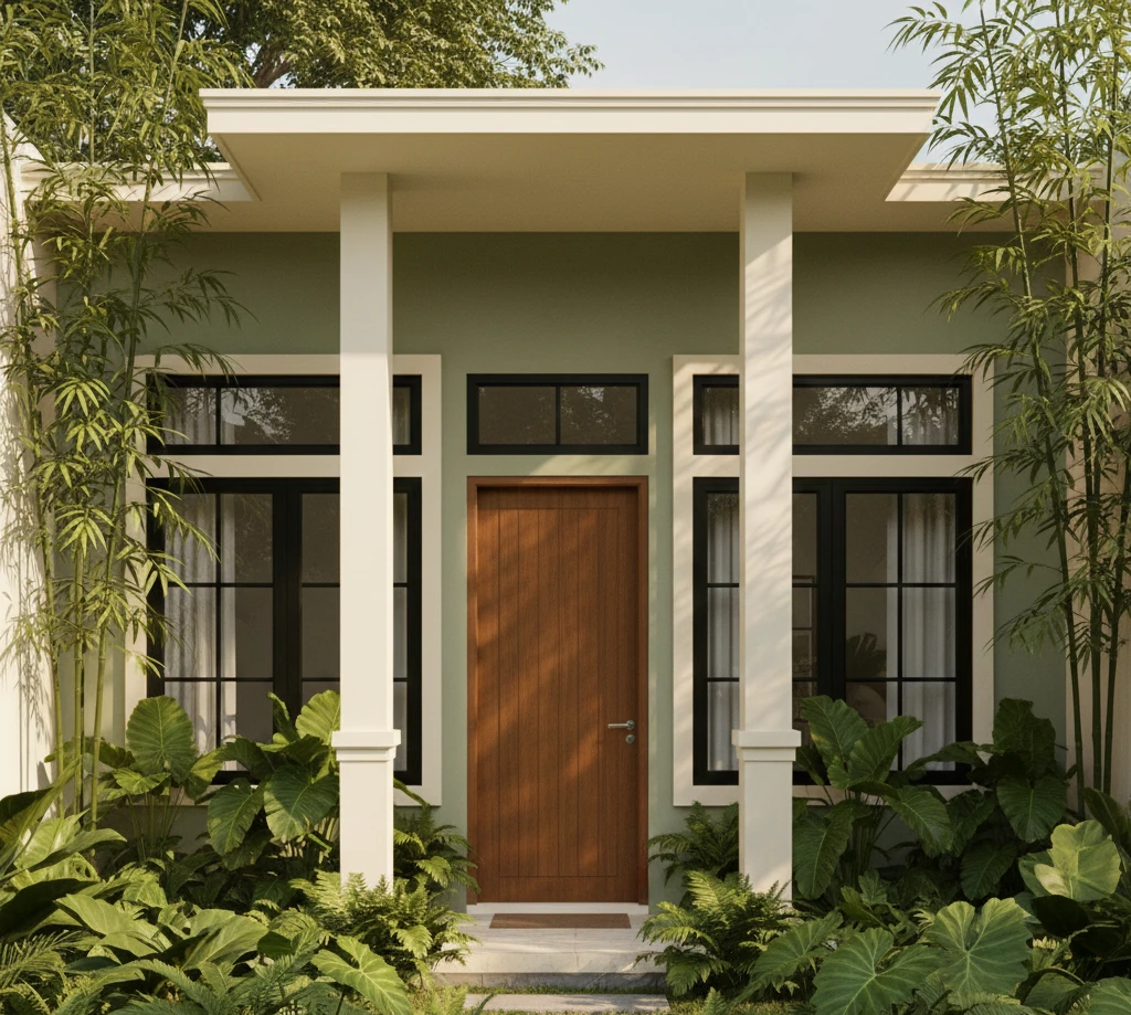 warna cat eksterior rumah minimalis sage green dan off white tampak depan