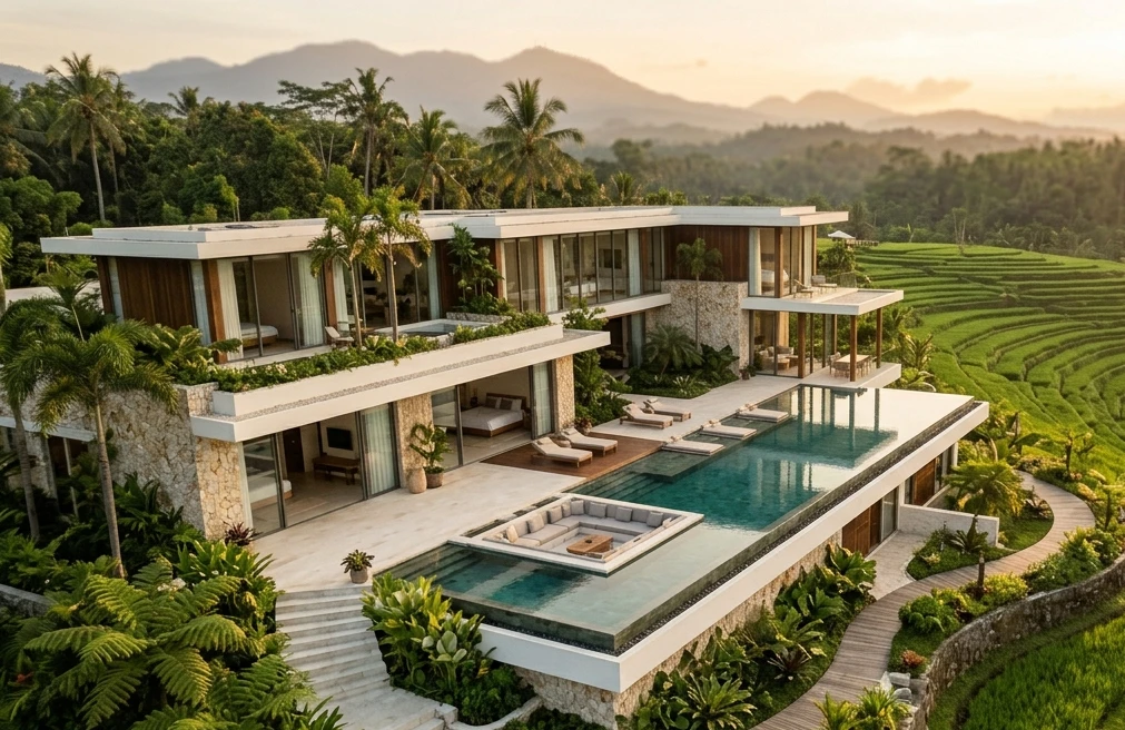 Aerial drone photograph of a luxury modern tropical villa in Bali