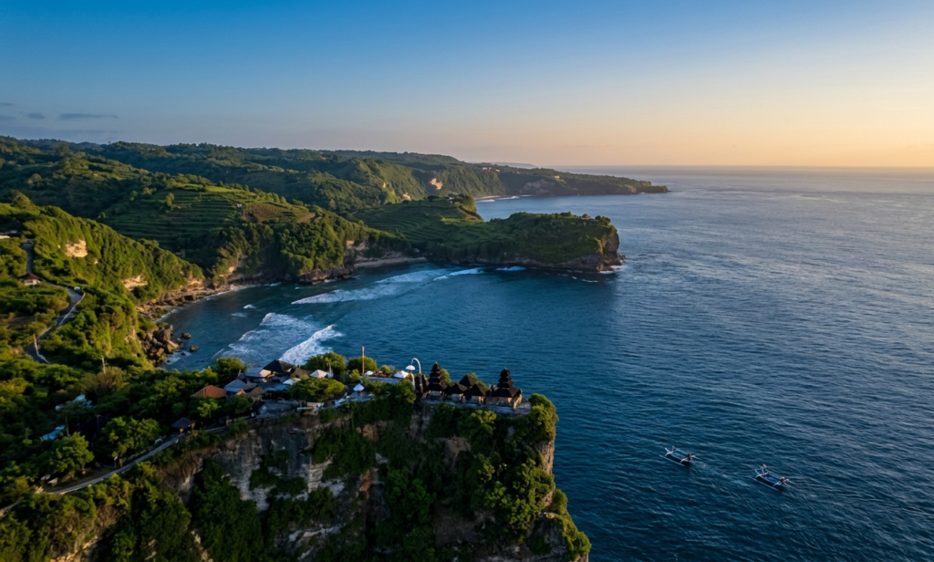 Aerial view of Uluwatu temple cliff Bali at sunrise