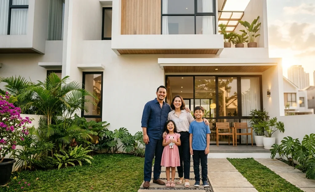 Keluarga Indonesia bahagia di depan rumah baru yang selesai