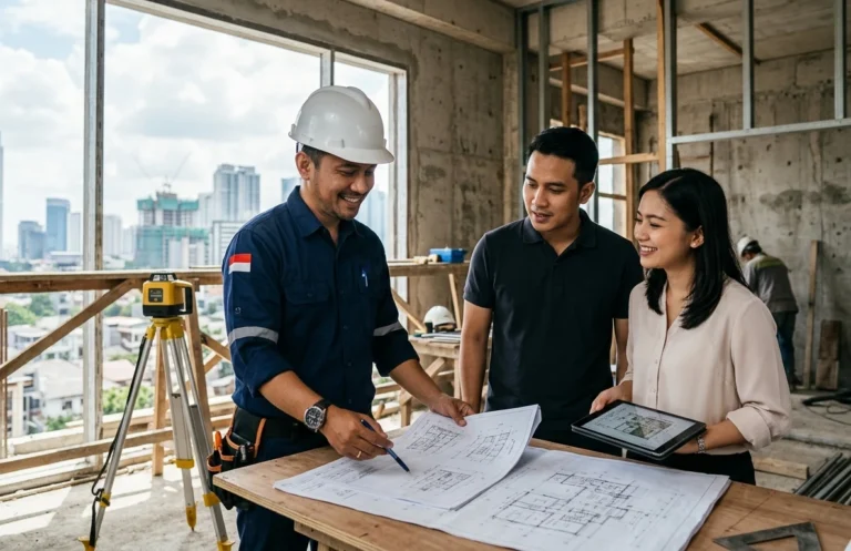Kontraktor profesional sedang meninjau RAB dan blueprint di proyek konstruksi Jakarta