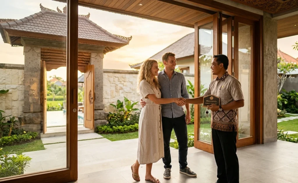 couple standing in the entrance of their newly finished, modern Balinese villa.