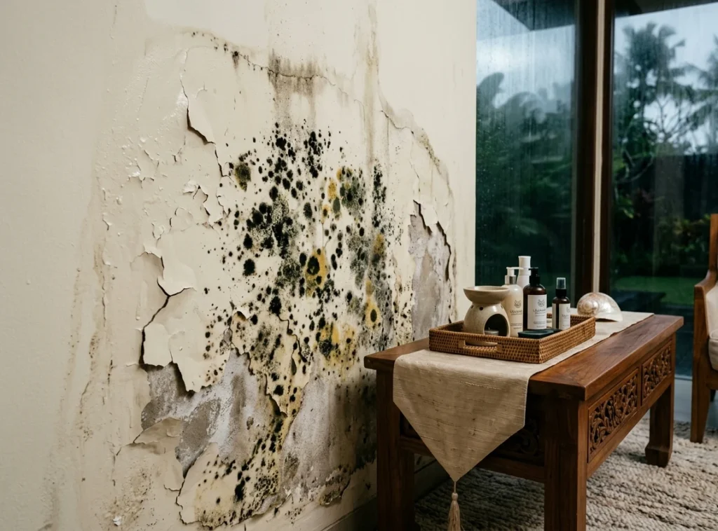 luxury villa's interior wall in Bali showing severe water damage and mold