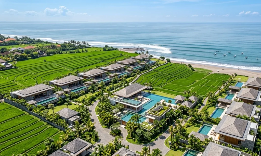 Aerial drone shot of a luxury villa complex