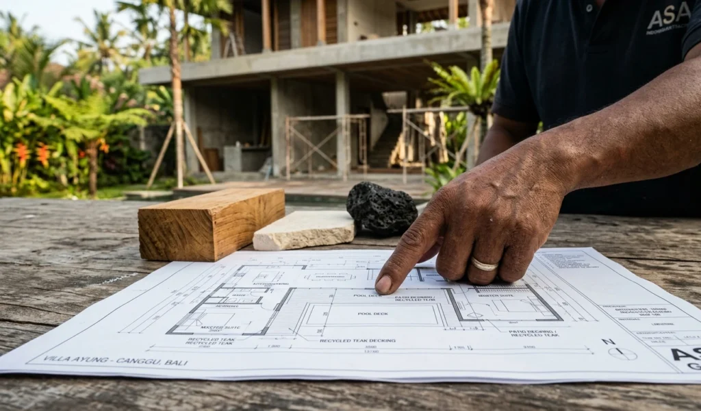 architectural blueprint laid over a rustic wooden table at a Bali job site.