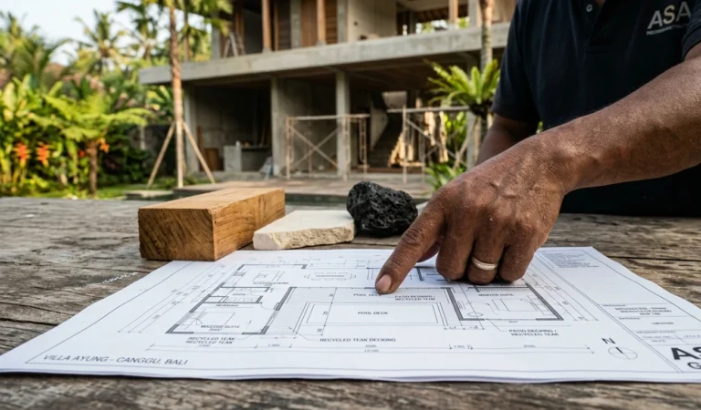 architectural blueprint laid over a rustic wooden table at a Bali job site.