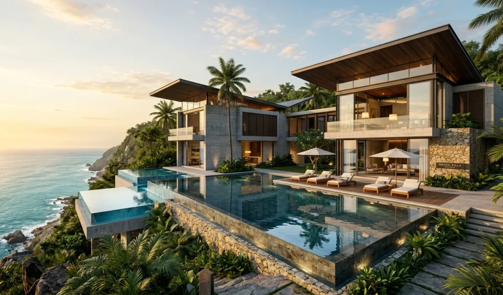 exterior shot of a finished luxury tropical modern villa in Uluwatu, Bali