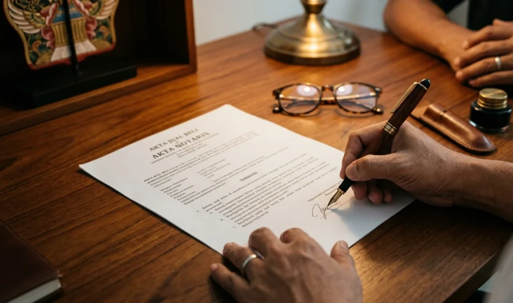 hand signing a legal land contract 'Akta Notaris'