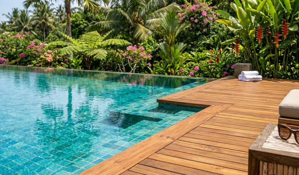 well maintained wooden deck and turquoise swimming pool in a Bali villa